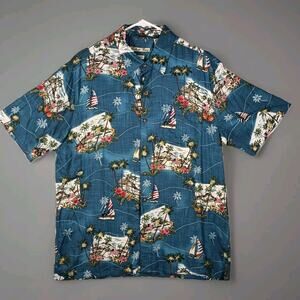 Batik Bay Hawaiian Shirt Men Large Blue Island Print Sailboat Palm American Flag